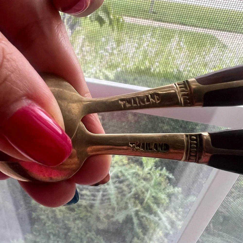VTG Brass Rosewood Inlay Demitasse Spoons (x2) Stamped Thailand